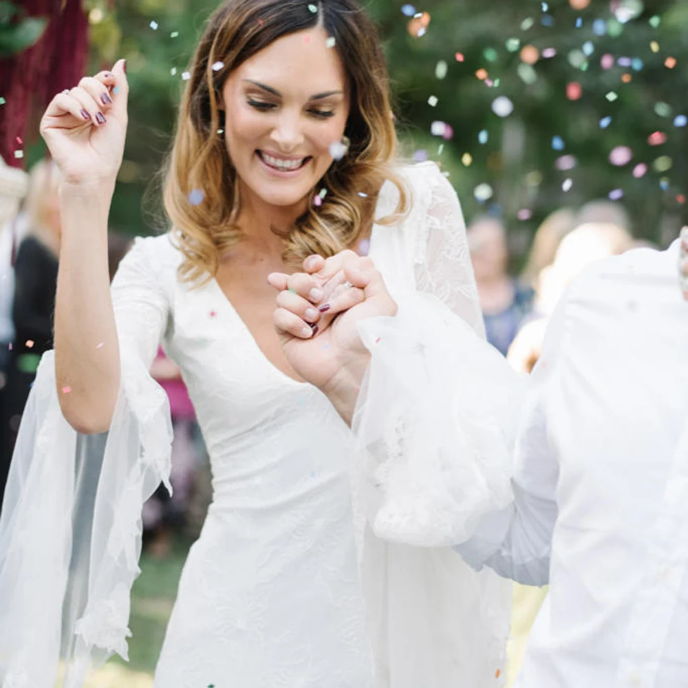 Bohemian Beach Style Long V Neck Backless Spanish Lace Bride Gowns