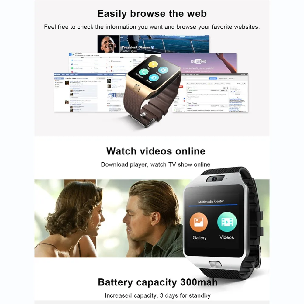 Original 3G WIFI QW09 Android Smart Watch 512MB/4GB Bluetooth 4.0 Real-Pedometer SIM Card Call Anti