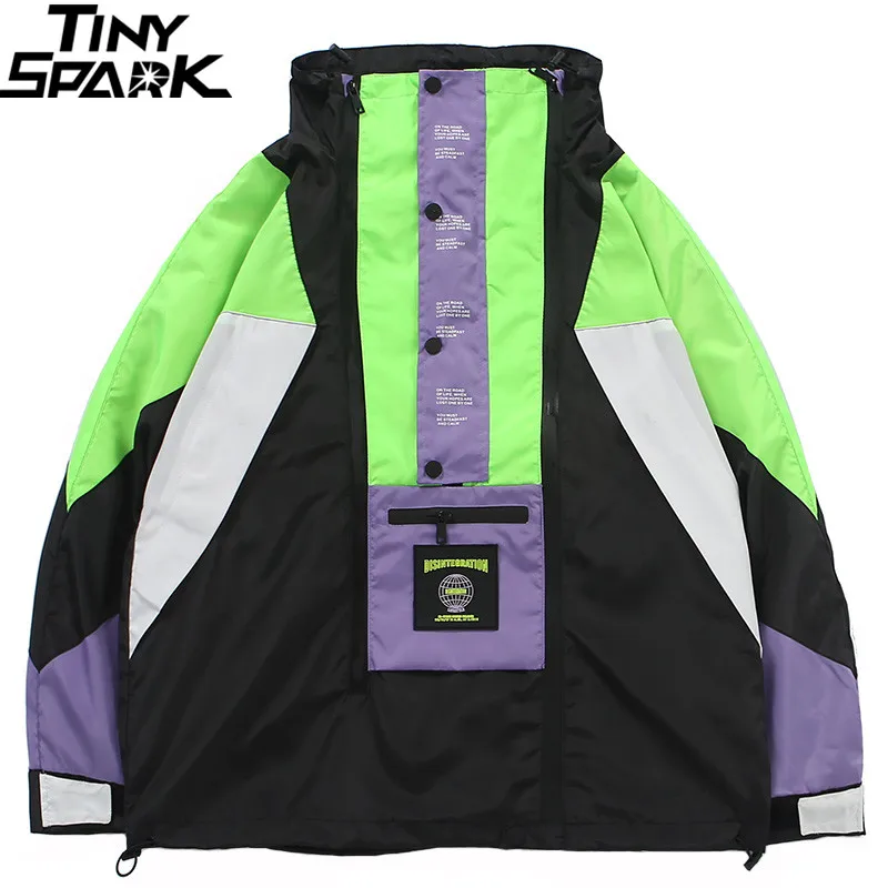 

Harajuku Jacket Men Hip Hop Streetwear Retro Jacket Windbreaker Pocket Spring 2019 Vintage Color Block Track Jacket Coat Zipper