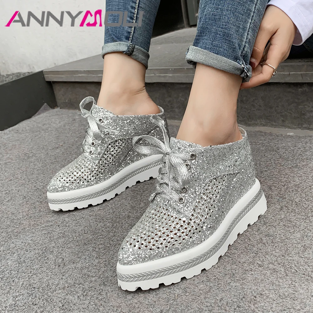 

ANNYMOLI Summer Slides Women Shoes Bling Platform Wedge Heel Shoes Glitter Cutout Super High Heels Slippers Ladies Sandals 34-39