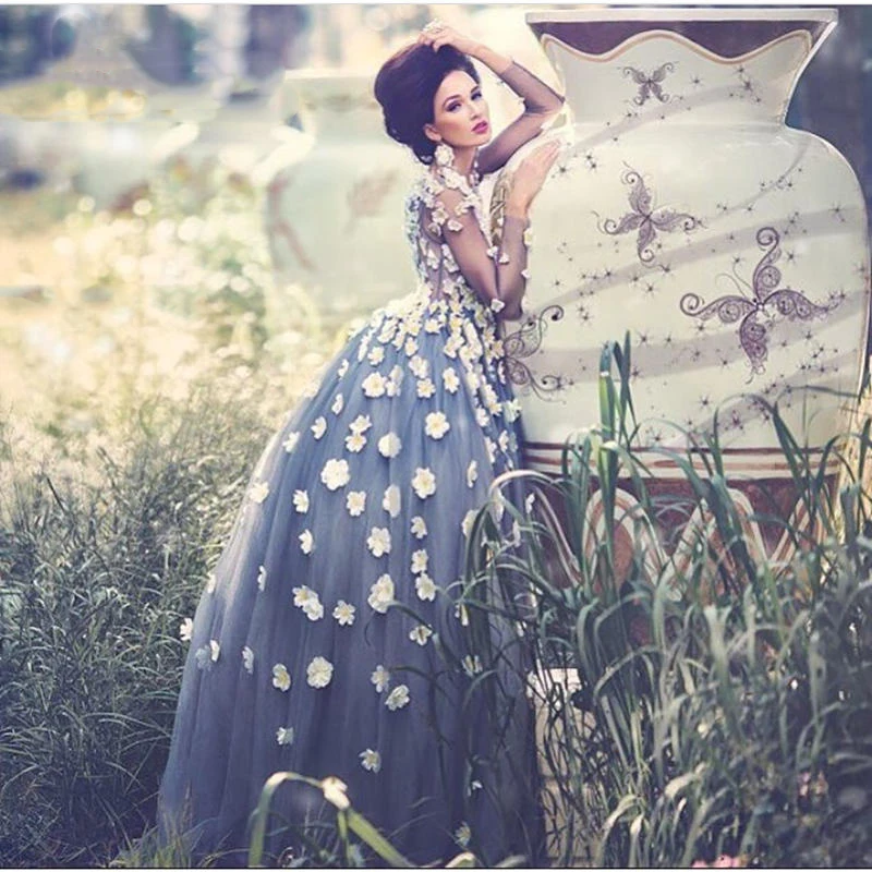 Cinderella Dust Grey Vintage Arab Ball Gown Prom Dresses Long Sleeve 3D Flower Applique Charming Prom Party Dress Evening Gowns175