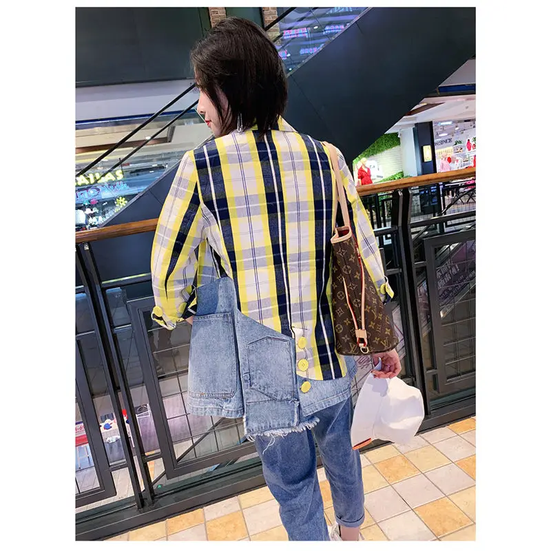 Новинка Harajuku клетчатая куртка для женщин Блейзер пальто деним пэчворк