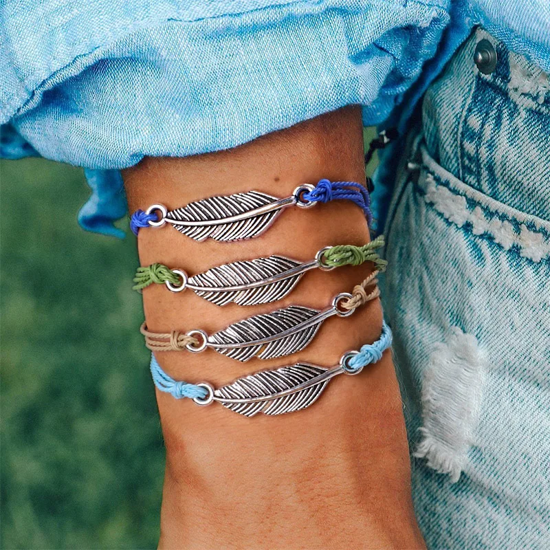 

Hippie Boho Beach Surf Ally Leaf Charms Bracelets Vintage Handmade Wave Bracelets Set Rope Chain Charm Adjustable Bangle