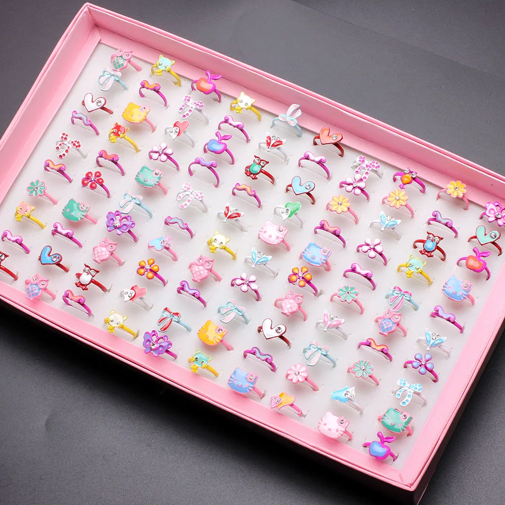 Wholesale Mixed Assorted Cartoon Crystal Adjustable Rings Baby Kids Girls Boy Mix Styles Party Gift Jewelry With Display Box