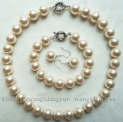 

12mm White South Sea Shell Pearl Necklace bracelet Earrings Set Grade AAA style 100% Natural Semi-precious Stone Noble Fine