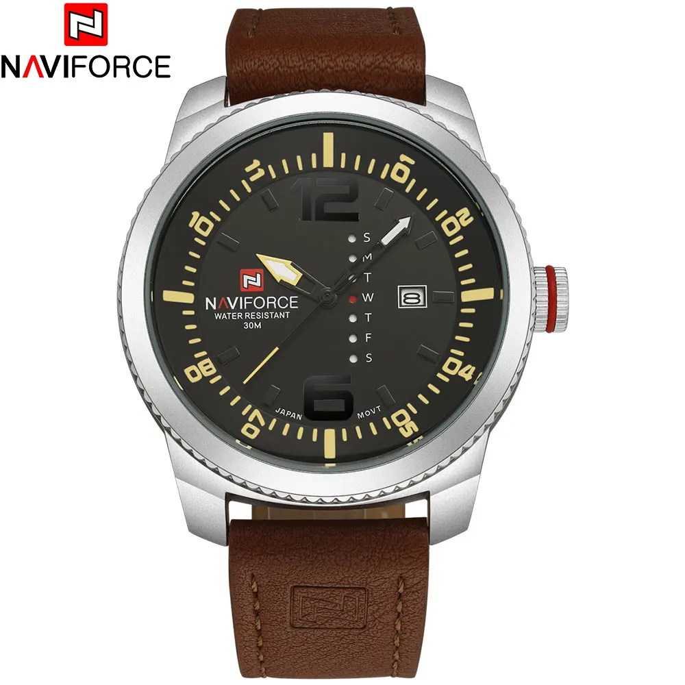 NAVIFORCE Топ бренд магазин Часы мужские повседневные военные спортивные часы кожаные Наручные часы мужские Relogio Masculino - Цвет: silver black
