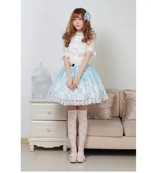 

Light Sky Blue Sweet Checkered Elastic Wast Lolita Skirt For Lady with Crowned Bow