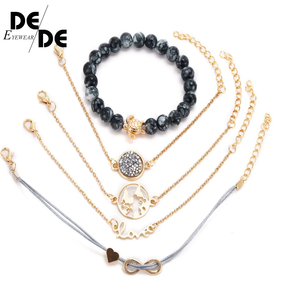 

5Pcs/set Bohemian Retro Crystal Heart Map Heartbeat Beaded Silver Bracelet Set Women Fashion Jewelry Accessories Gift