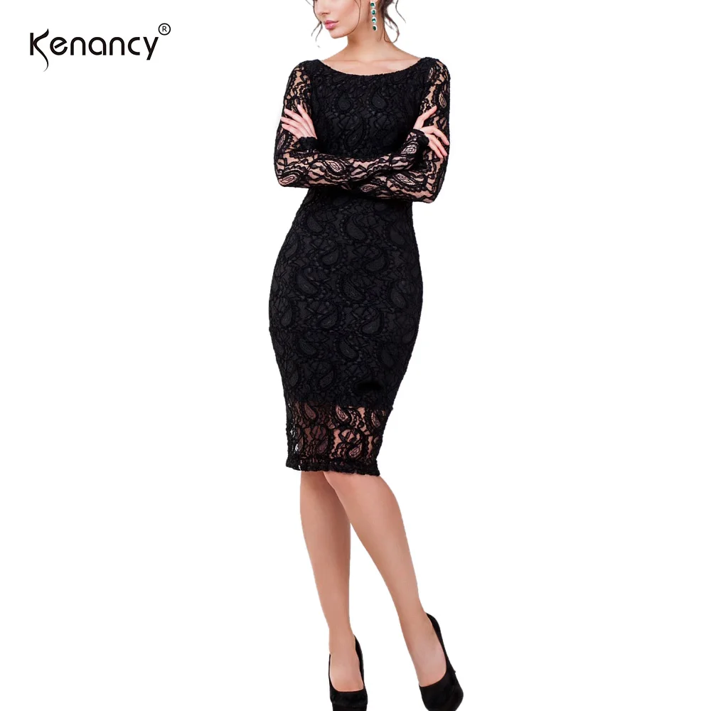 Kenancy 3XL размера плюс, сексуальное кружевное платье, женские вечерние и Клубные платья с длинным рукавом, длина до колена, перспективное облегающее платье, Vestidos, элегантное, 2 цвета - Цвет: black