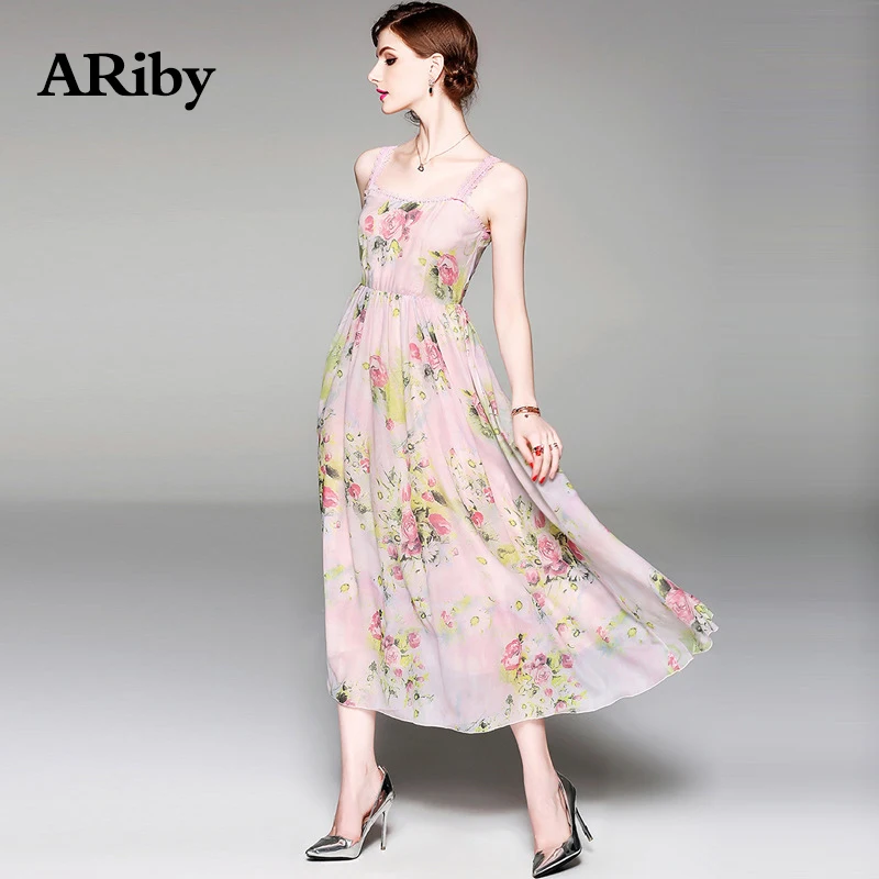 Women Dress Maxi Long Elegant Dress 2019 Summer New Fashion Beach Style Chiffon Print Slim Sleeveless Ankle-Length A-Line Dress