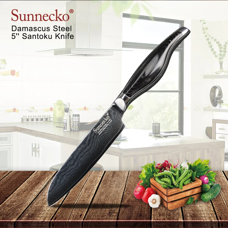 SUNNECKO 2 шт. Кухня Набор ножей 5 ''Santoku 6'' повар Ножи Дамаск японский VG10 Сталь лезвие Pakka Деревянная ручка мясник