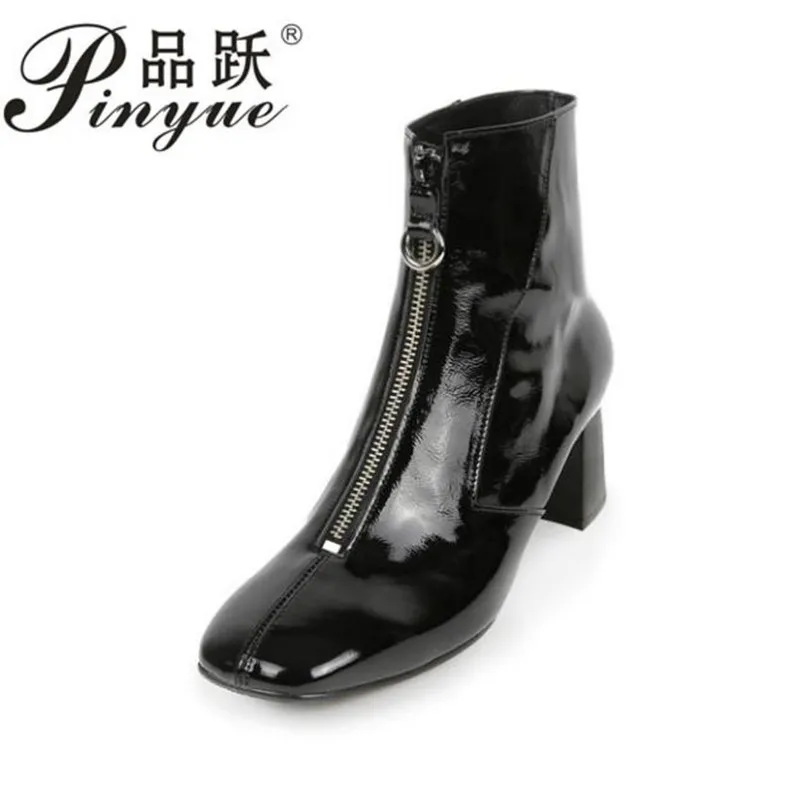 

High Quality Patent Leather Winter Boots Autumn Easy Walking Square High Heels Ankle Boots Designer Front Zip Female Shoes Woman