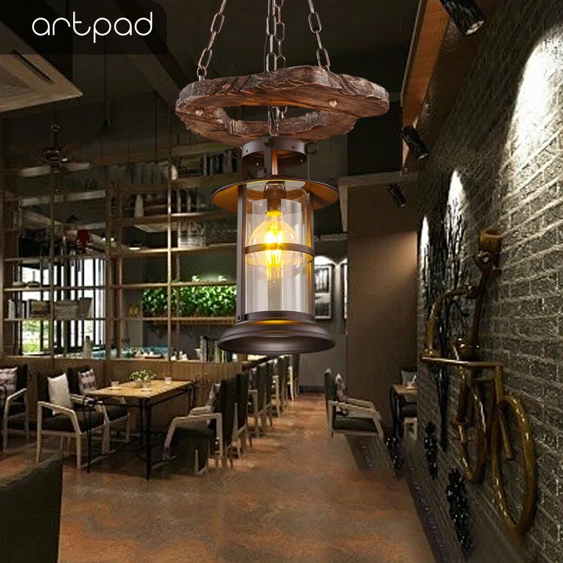 

Artpad Creative Loft Suspension Pendant Light Vintage Design Wood and Iron Hanging Lamp Bar Cafe Pub E27 Edison Bulb Fixture