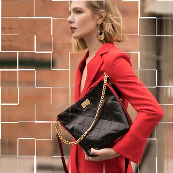 

Advanced genuine leather bucket bag cow leather shoulder bags real leather Metal chains crossbody bags