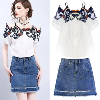 

Skirt Suits Summer Women Vintage Flowers Embroidery Slash Neck White Blouse Tops And Denim Skirt Casual Clothing Set NS681