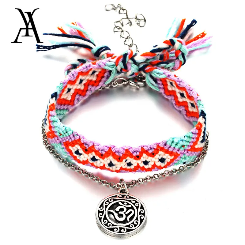

AY Bohemia Rune Pendant Bracelet for Women Double Layer Colorful Cotton Tape Bracelets on the Leg Strap Girls Fashion Jewelry