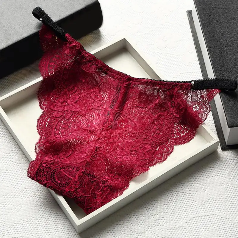 Women Girls Summer Sexy Wine Red Lace Crochet Perspective Low Elastic Waist Triangle Underwear Panties Bottom Pants Briefs