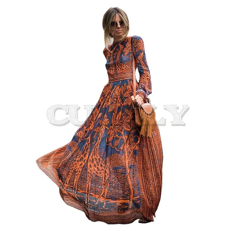 Image CUERLY Summer Spring Fashion Women Long Dress Chiffon Long sleeve Print Maxi Dress Elegant Casual Party Dresses sexy CUERLY