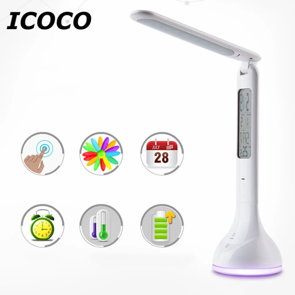 Image LED Touch Dimmer Desk Lamp USB Rechargeable Student Study Reading Lamp Foldable LED Desk Lamp with Calendar