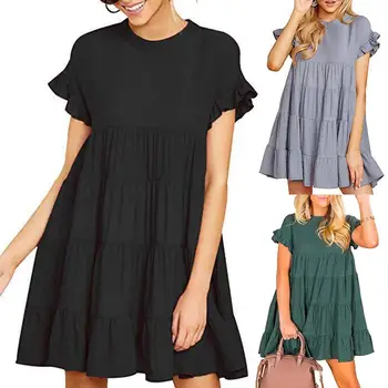 

New Casual Summer Women Solid Color Ruffled Short Sleeve O-Neck Loose Mini Dress
