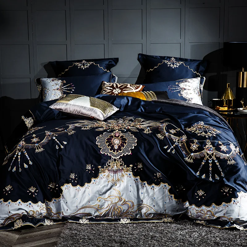 En Ligne 1000TC coton égyptien bleu violet ensemble de literie de luxe reine King size lit ensemble de draps broderie housse de couette parure de lit adulte