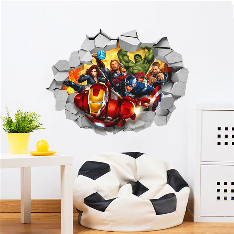 3d Marvel's Avengers Movie through wall stickers for kids room wall decals cartoon super hero wall art decor diy 45*60cm posters