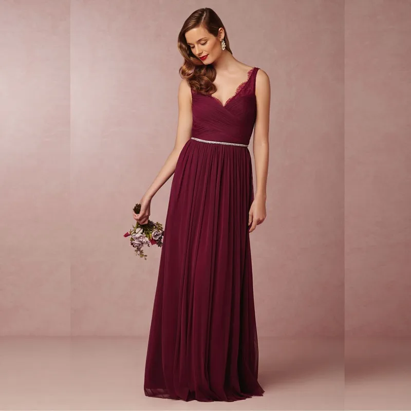 Elegant VNeck Beaded Wine Red Floor Length Maid Of Honor Bridesmaid