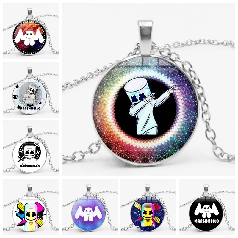 

2019 / Fashion DJ Marshmello Necklace Creative Fun Cartoon Logo Glass Cabochon Pendant Long Necklace Rock Hip Hop Music Fan Gift