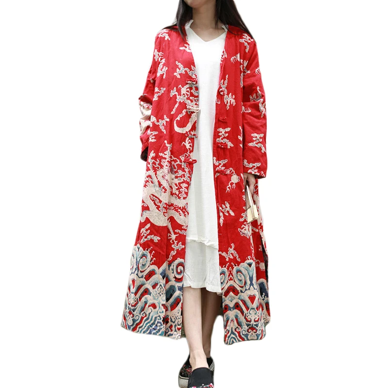 

Autumn chinese style dragon design double layer long trench coat cotton linen windbreaker casual overcoat shell outer garment