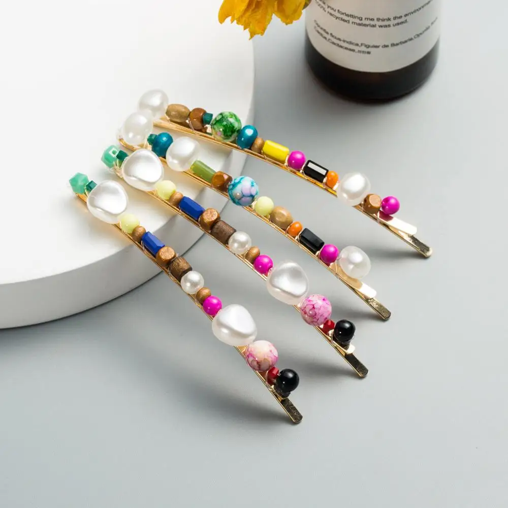 

1 Set Girls Colorful Hair Accessories Wood Imitation Pearl Fish Line Beaded Hairpin Set Word Clip Side Bangs Clips Women Hairpin