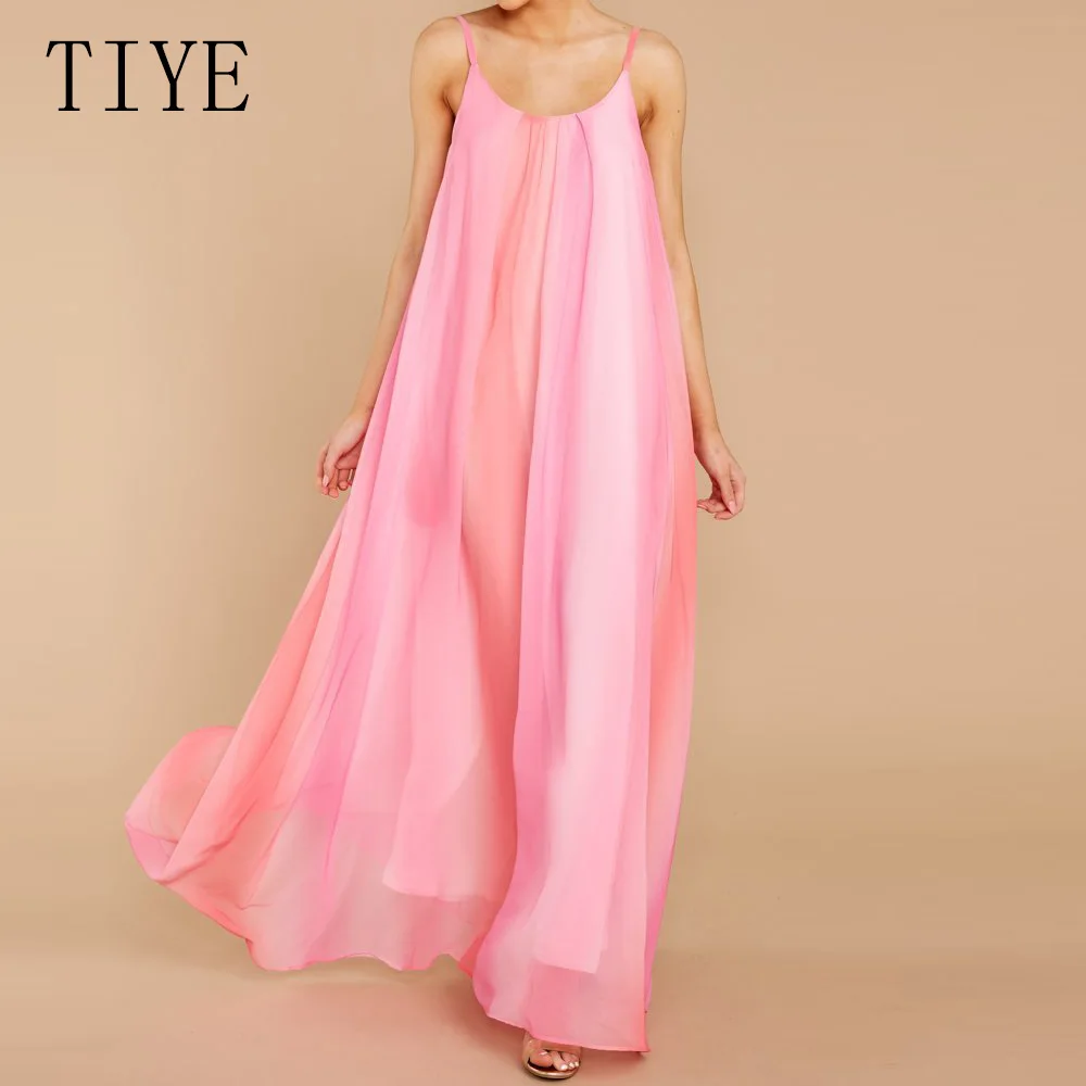 TIYE Women Vintage Pink Spaghetti Strap Off Shoulder Casual Loose Dress Sleeveless Boho Beach Long Maxi Dresses Retro Vestidos