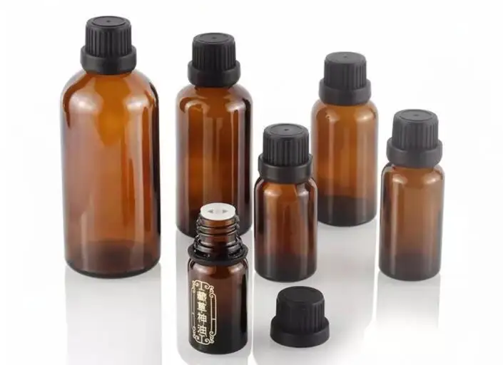 10pcs/lot 100ml 50m 30ml 20ml 15ml 10ml 5ml Thick Amber Essential Oil Glass Bottles With Black Cap Glass Containers Jars Bottles