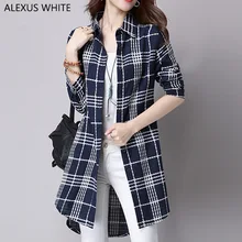 Long Cotton Linen Blouses Women 2017 Autumn Slim Plaid Shirts Female Casual Long-Sleeved Lapel Collar Blouse Tops
