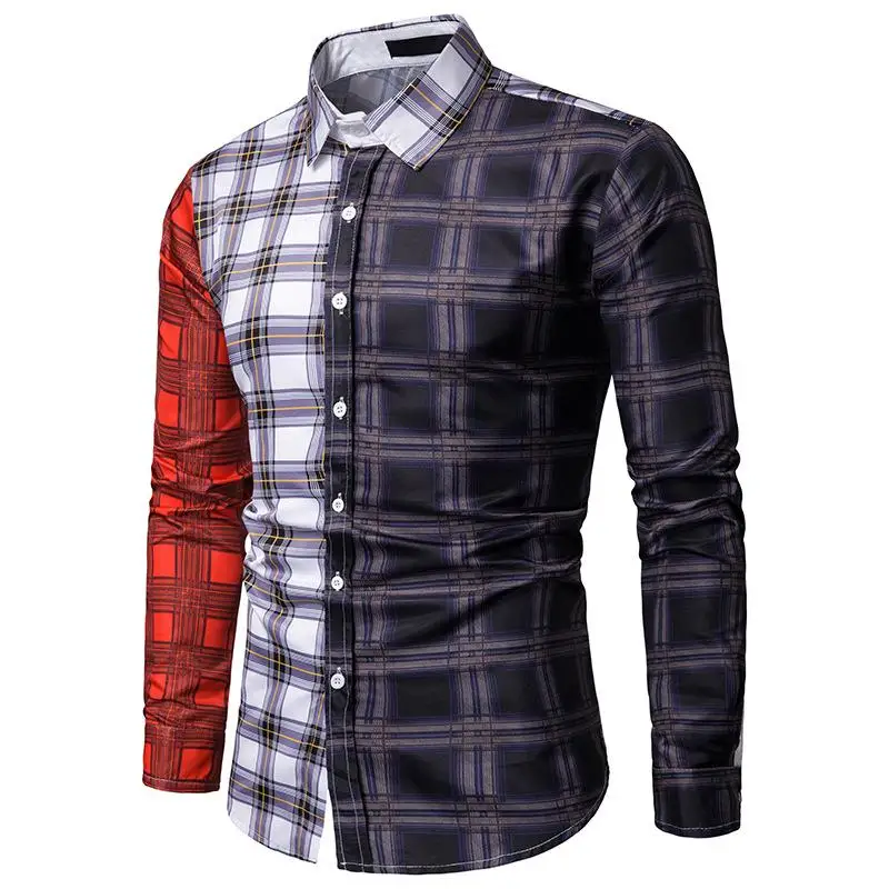 

Plaid stitching Long sleeve Mens Shirts Casual Blouse Men Hawaiian Shirt Men's clothes Fashion