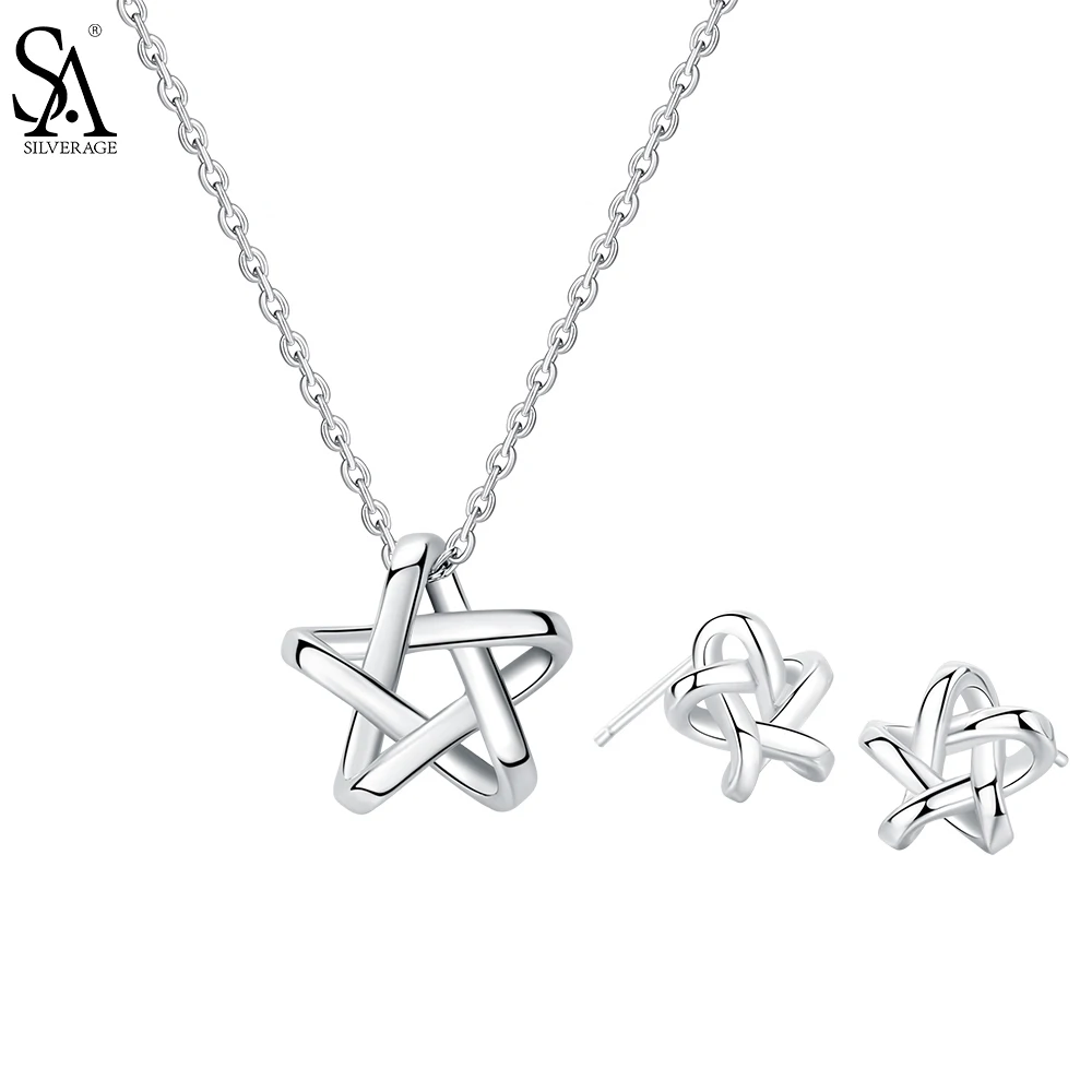 SA SILVERAGE Real 925 Sterling Silver Jewelry Sets Star Stud Earrings & Pendant Necklaces Silver Pendant Necklaces Chokers