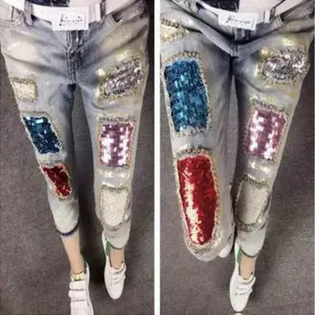 

Women Denim Pants for Spring Autumn All-match Loose Straight Jeans Beading Sequins Hole Students Denim Trousers Casual