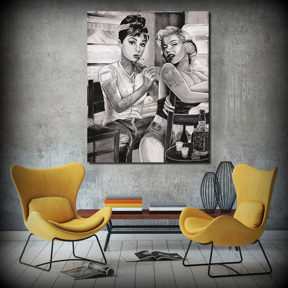 JQHYART MARILYN MONROE & AUDREY HEPBURN TATTOO POSTER Y VINTAGE Painting Wall No Framed in Painting & Calligraphy from Home & Garden on