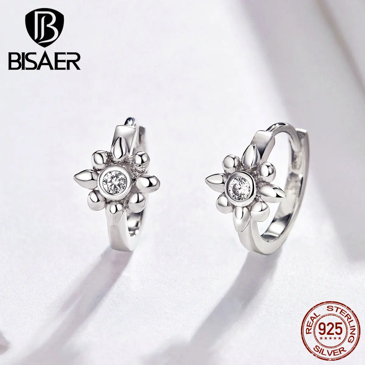 

BISAER 925 Sterling Silver Flower Earrings Clear Cubic Zircon Baroque Flower Women Stud Earrings Sterling Silver Jewelry EFE082