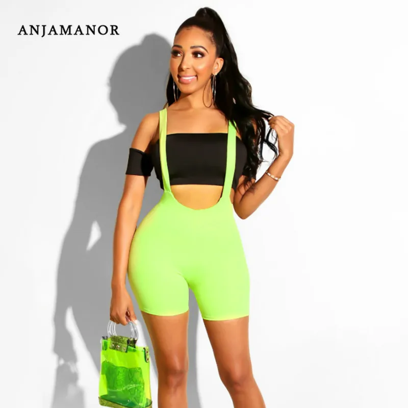 

ANJAMANOR Sexy Neon Green Spandex Shorts Women Summer Fashion Overalls Stretchy High Waisted Sweat Biker Short Pants D54-H14