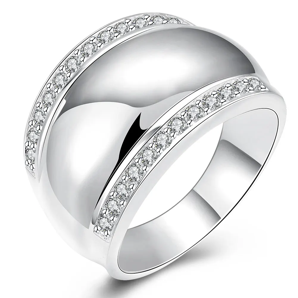 

Hot Sale Smooth Round Crystal Cz Ring Wholesale Jewelry Silver Plated Rings For Women Man AAA Cubic Zirconia Asymmetric Anel