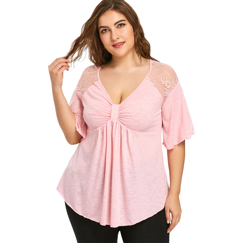 

2018 Women Plus Size Tops New Irregular V Collar Splicing Lace Cotton Blouse Large Size Summer Casual Tee Shirt