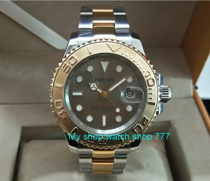 41MM PARNIS gray dial 21 jewels Automatic Self-Wind movement Two-way rotation bezel Sapphire Crysta