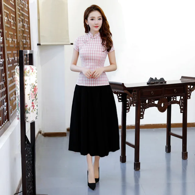New Fashion Womens Blouse Skirt Sets Traditional Chinese 2pc Short Sleeve Shirt Mandarin Collar