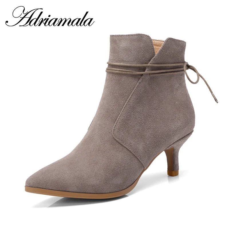 

2018 Cow Suede Ladies High Heel Boots Zip Pointed Toe Thin Heels Zipper New Motorcycle Ankle Boots Women Fashion Adriamala
