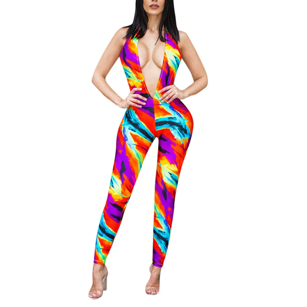 

Summer Women Jumpsuit Sexy Backless Indie Fork Printed Halter Strapless Pencil Pants Jumpsuit Romper Women 2019