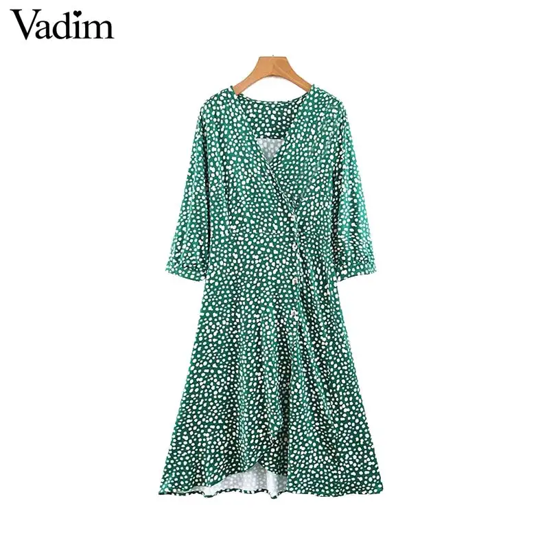 

Vadim women elegant green polka dot V neck wrap midi dress three quarter sleeve stretchy female casual dresses QB841