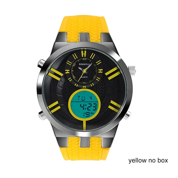 Мужские спортивные часы, двойной дисплей, цифровые часы, военные кварцевые часы, белая резина, подарок, наручные часы, BOAMIGO,, reloj hombre - Цвет: yellow no box