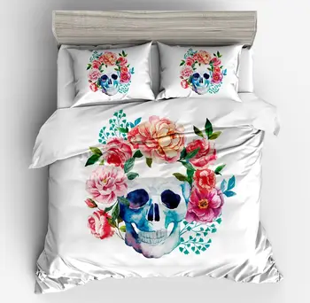 

2018 Personalities fashion flowers 3D bedding sets flowers skull White pink flowers duvet cover pillow case twin full queen size