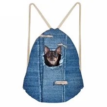 Милые 3D Животные карман джинсовая собака породы чихуахуа печати девочек и мальчиков мешки с Кулиской Повседневные детские школьные сумки мягкие рюкзаки
