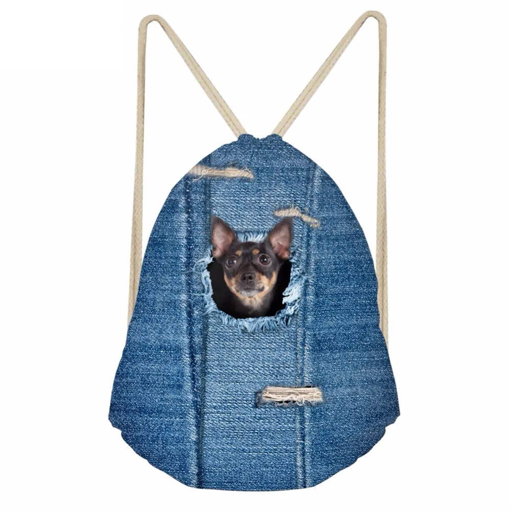 Cute 3D Animal Pocket Denim Chihuahua Dog Print Girls Boys Drawstrings Bags Casual Children Schoolbags Soft